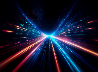 Abstract image of vibrant blue and orange light streaks converge on a black backdrop, conveying dynamic speed and motion.