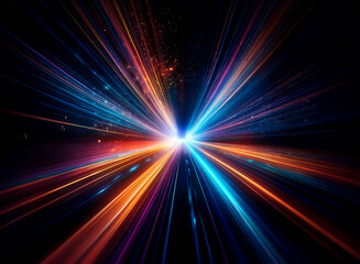 Vibrant light rays burst from a central point, creating speed and energy. Blue, orange, and red hues illuminate the dark background in an abstract design.