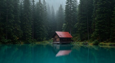 Obraz premium Tranquil Lakeside Cabin With Red Roof Amid Lush Pine Forest Reflection