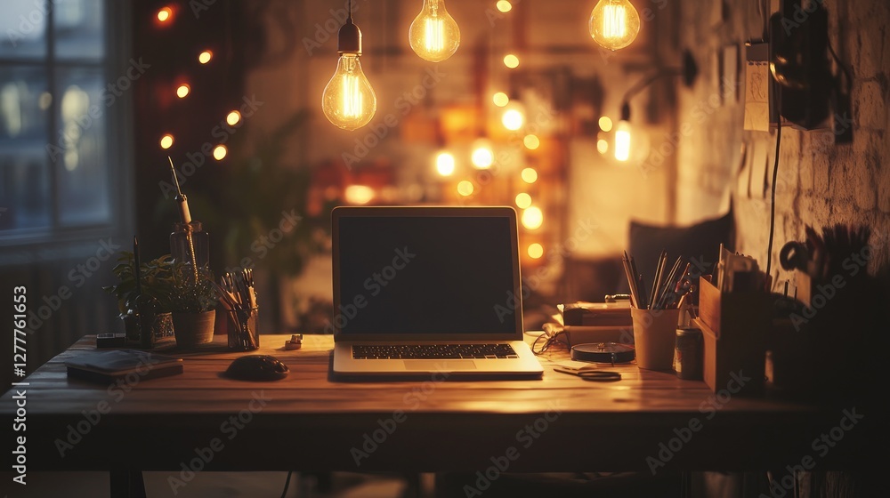 Poster a warm-lit workspace with light bulbs illuminating a desk filled with creative tools, fostering a pr