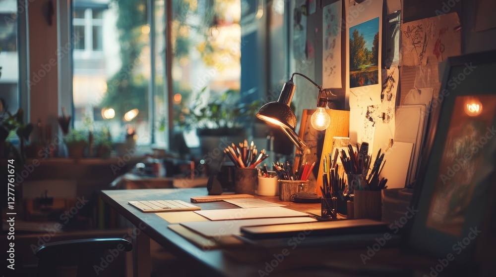 Poster a warm-lit workspace with light bulbs illuminating a desk filled with creative tools, fostering a pr