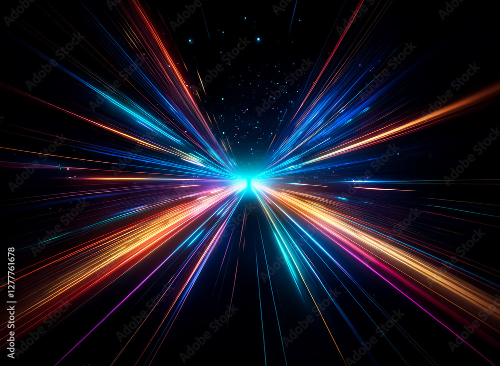 Poster abstract depiction of vibrant light trails emanating from a central glowing source against a stark b