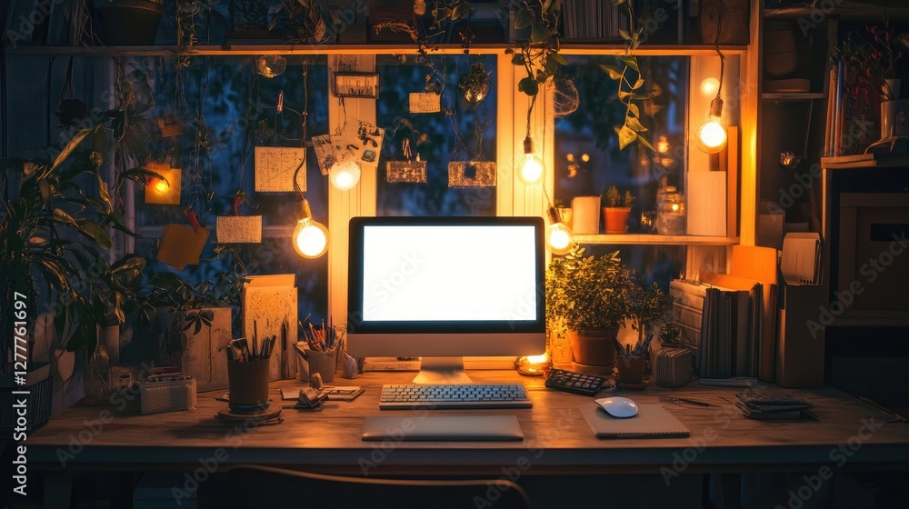 Aufkleber a warm-lit workspace with light bulbs illuminating a desk filled with creative tools, fostering a pr