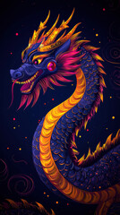 Fototapeta premium Vibrant dragon with golden scales and ruby accents dark background