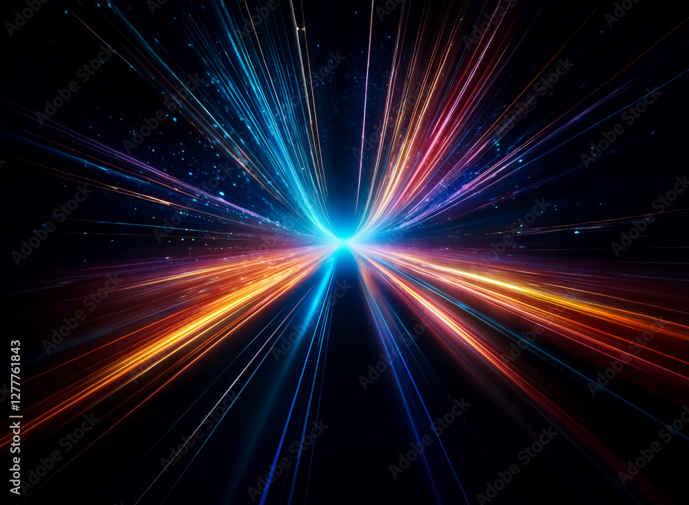 Poster bright, colorful rays burst from a central point, creating a dynamic abstract image. streaks of blue