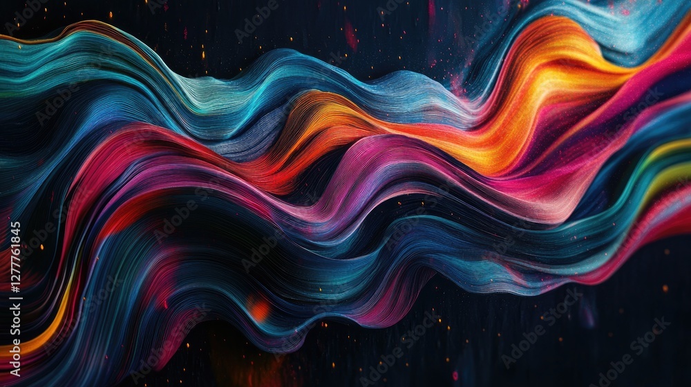 Poster abstract dynamic wave lines of vibrant colors flow on a dark background, symbolizing movement, music