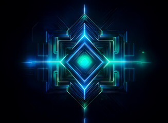 Fototapeta premium Abstract geometric shape with symmetrical, glowing blue and green lines on a black background. Digital, vibrant, and futuristic design.