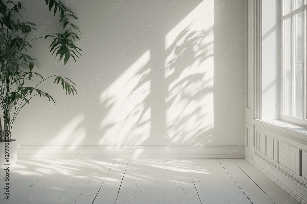 Poster sunlight streams through window in minimalist room