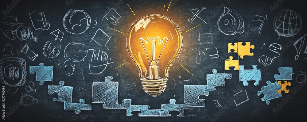Poster a light bulb illustration on a blackboard with jigsaw puzzle steps beneath it, representing the jour