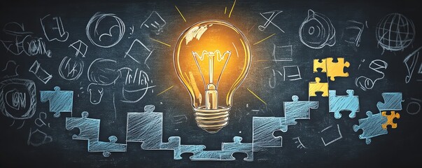 A light bulb illustration on a blackboard with jigsaw puzzle steps beneath it, representing the journey of developing new ideas and creativity