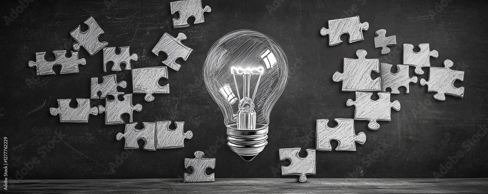Leinwandbilder A light bulb sketch on a blackboard with a jigsaw puzzle forming steps, symbolizing the gradual process of generating and developing new ideas
