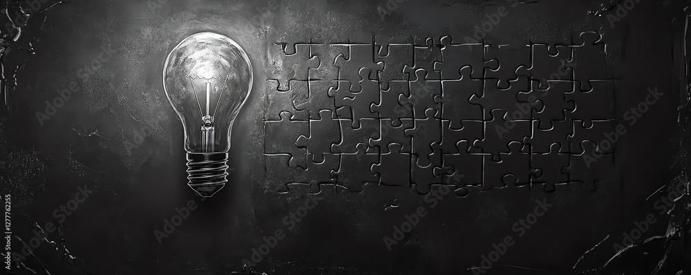 Poster A light bulb sketch on a blackboard with a jigsaw puzzle forming steps, symbolizing the gradual process of generating and developing new ideas