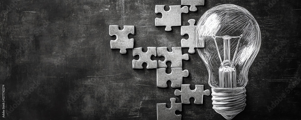 Poster A light bulb sketch on a blackboard with a jigsaw puzzle forming steps, symbolizing the gradual process of generating and developing new ideas