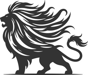Silhouette of a roaring lion with its mane flowing in the wind