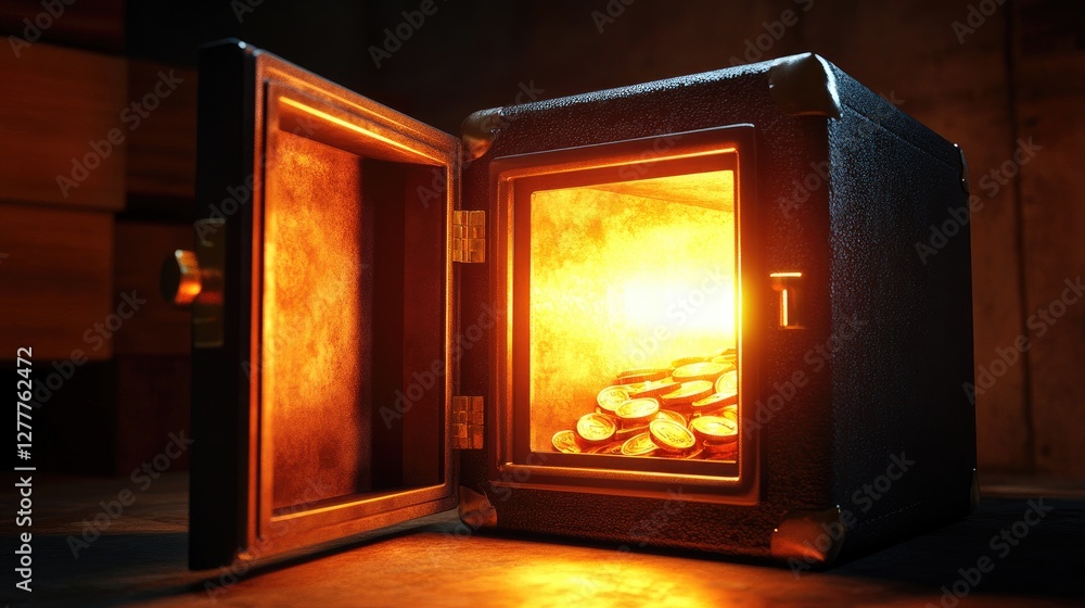 Poster an open safe with a glowing light emanating from inside, symbolizing security, mystery, and hidden t