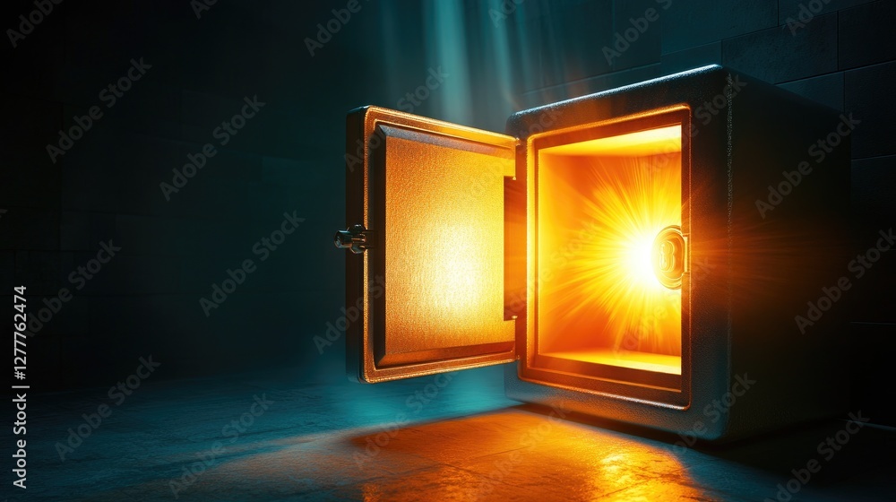 Poster an open safe with a glowing light emanating from inside, symbolizing security, mystery, and hidden t