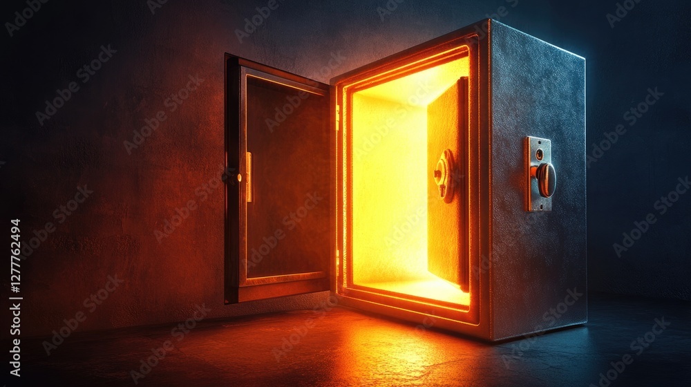 Poster an open safe with a glowing light emanating from inside, symbolizing security, mystery, and hidden t