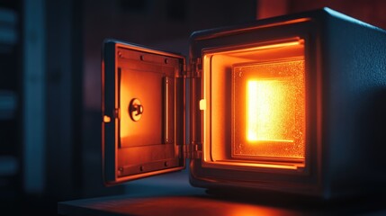 Fototapeta premium An open safe with a glowing light emanating from inside, symbolizing security, mystery, and hidden treasures.