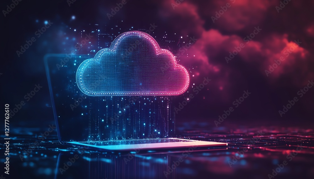 Fototapete A modern laptop uploading files to a cloud server, symbolizing cloud computing and efficient file sharing across digital networks