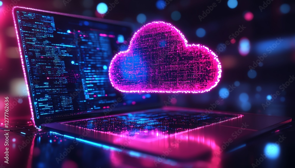 Poster A modern laptop uploading files to a cloud server, symbolizing cloud computing and efficient file sharing across digital networks