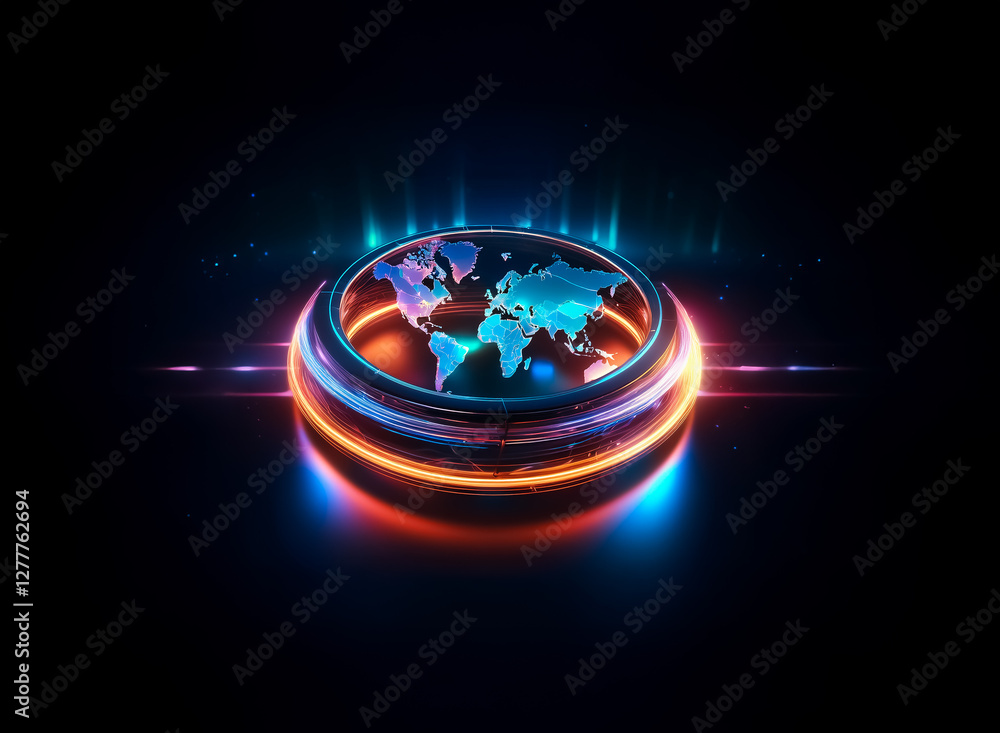 Aufkleber a vibrant world map is encased in a glowing ring structure against a dark backdrop, illuminated with