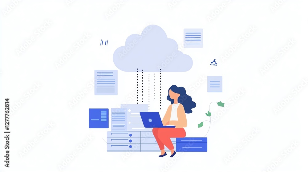 Poster A person using a laptop to upload data to a cloud server, illustrating cloud computing, file sharing, and digital data transfer