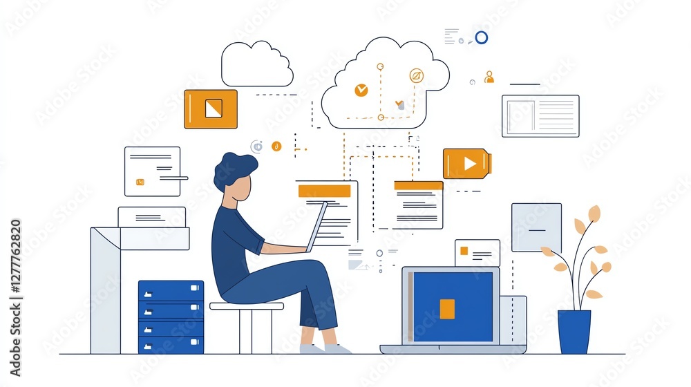 Poster A person using a laptop to upload data to a cloud server, illustrating cloud computing, file sharing, and digital data transfer
