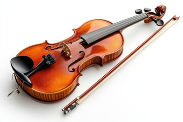 Fototapeta premium Polished Violin with Bow Isolated on White Background Musical Instrument