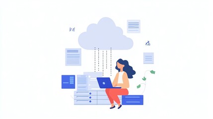 A person using a laptop to upload data to a cloud server, illustrating cloud computing, file sharing, and digital data transfer