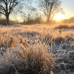 Fototapeta premium As the sun rises, the frosted grass glimmers under its warm light, creating a peaceful winter wonderland. The crisp air enhances the enchanting beauty of nature