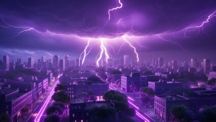 Fototapeta premium Lightning storm over city in purple light