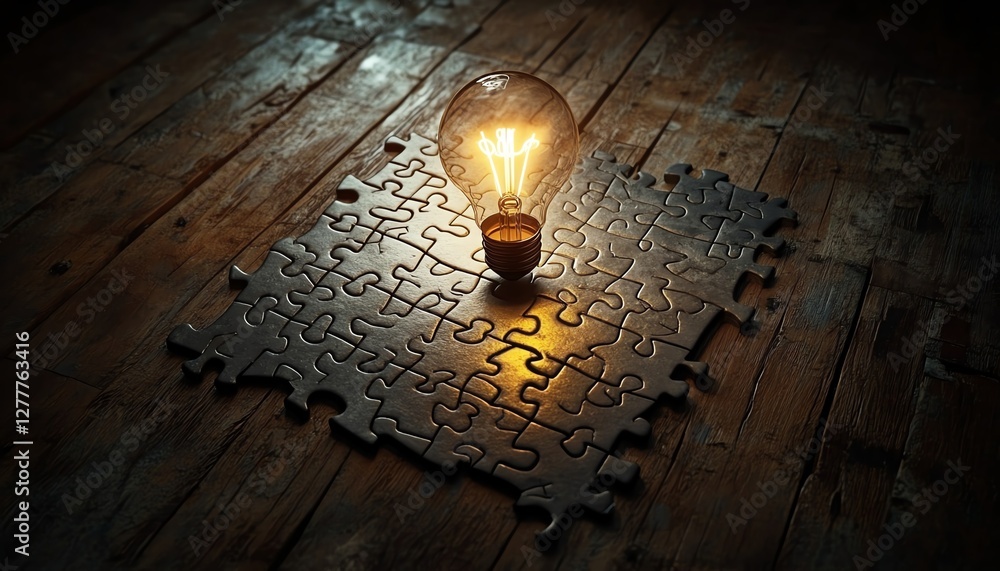 Poster A wooden desk with a puzzle in progress, with the last piece featuring a light bulb sketch, symbolizing the breakthrough of idea creation and solution finding