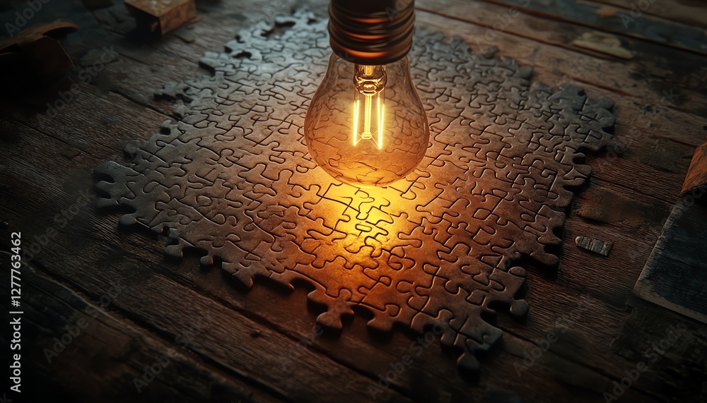 Poster A wooden desk with a puzzle in progress, with the last piece featuring a light bulb sketch, symbolizing the breakthrough of idea creation and solution finding