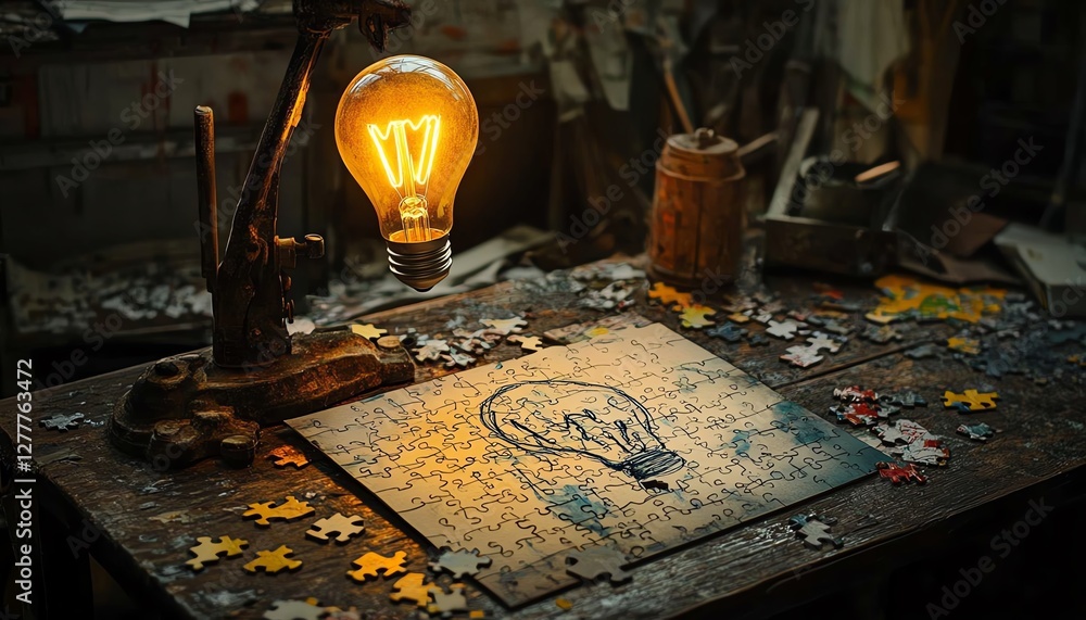 Poster A wooden desk with a puzzle in progress, with the last piece featuring a light bulb sketch, symbolizing the breakthrough of idea creation and solution finding