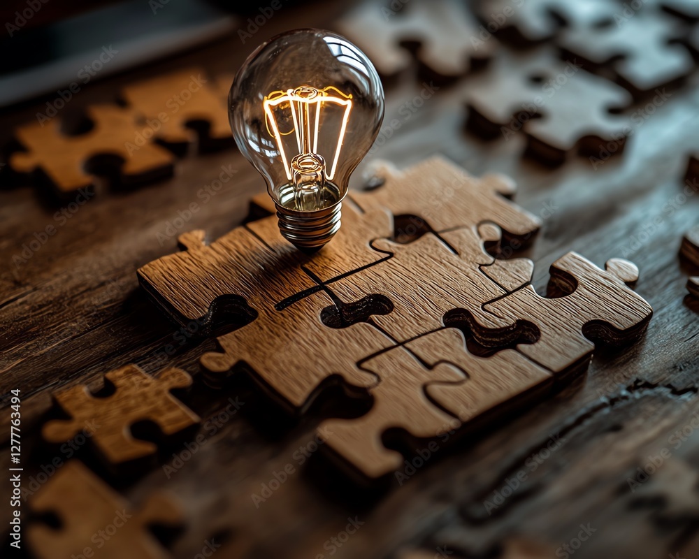 Poster a wooden desk with scattered puzzle pieces and a light bulb drawn on the last piece, representing th