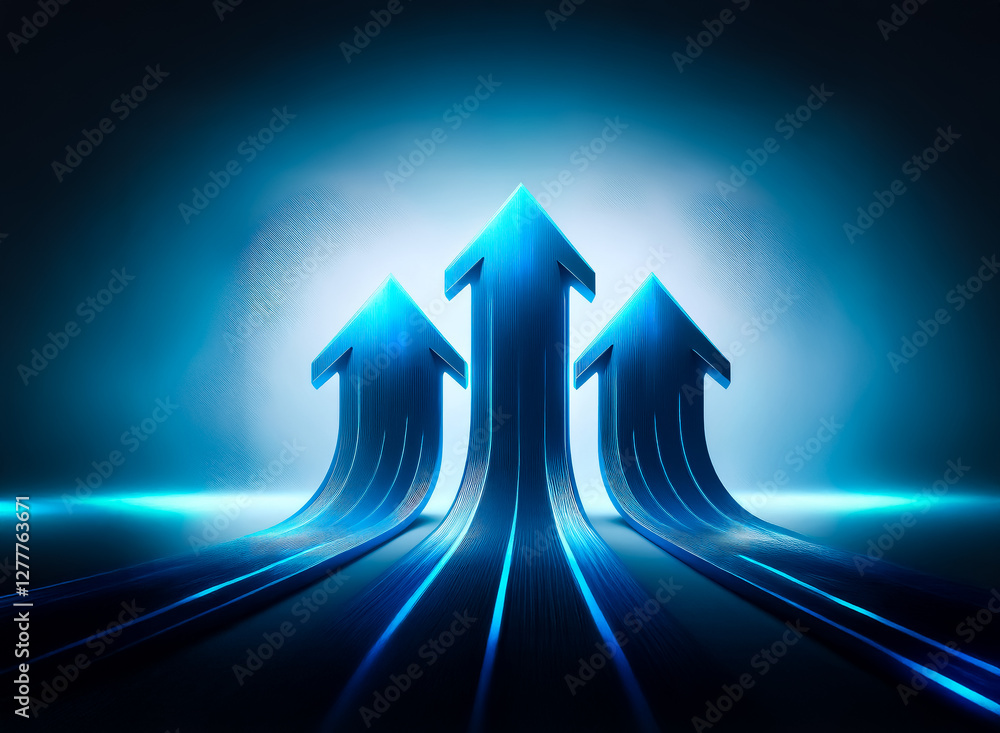 Aufkleber three glowing blue arrows point upwards, symbolizing progress and forward momentum against a dark ba