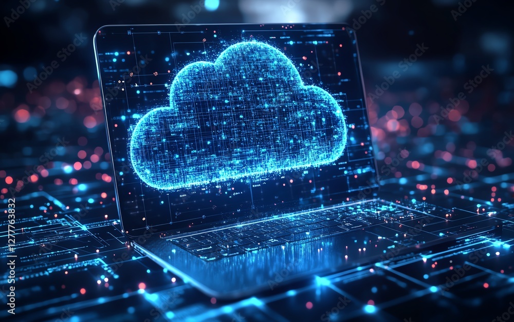 Aufkleber Cloud computing concept with a laptop transmitting data to a cloud server, showcasing the process of sharing files and data storage