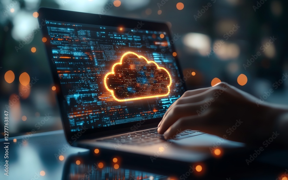 Poster Cloud computing concept with a laptop wirelessly transferring files to a cloud server, representing modern data sharing and storage solutions