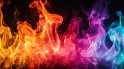 Fototapeta premium Colorful flames in various hues burning brightly against a black backdrop, creating a dramatic and powerful image.