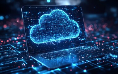 Cloud computing concept with a laptop transmitting data to a cloud server, showcasing the process of sharing files and data storage