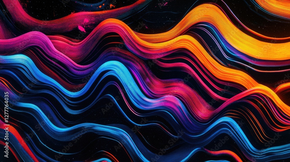 Poster Colorful wave lines dynamically flow across a black background, representing the energy of music and modern technology.