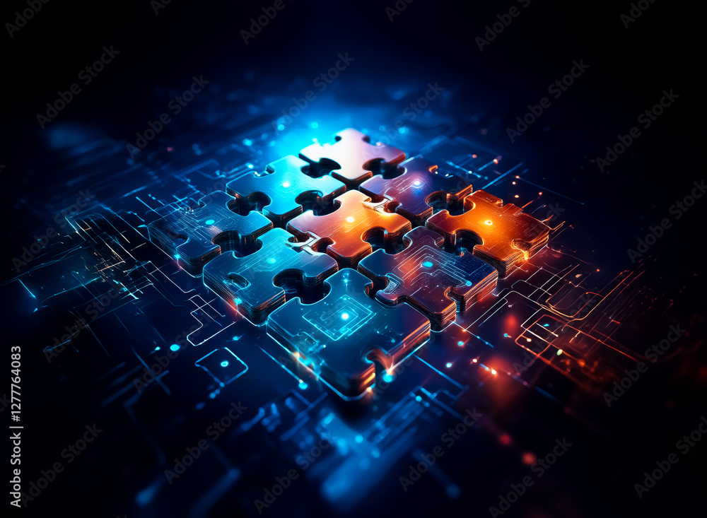 Poster glowing puzzle pieces with circuit board patterns are interconnected on a dark backdrop, illuminated