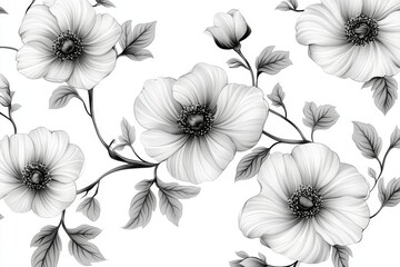 Elegant Monochrome Floral Design Seamless Pattern of Detailed Grey Flowers and Leaves