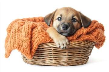 Obraz premium Adorable Puppy in a Wicker Basket Wrapped in Warm Knit Blanket Cozy Autumn Scene