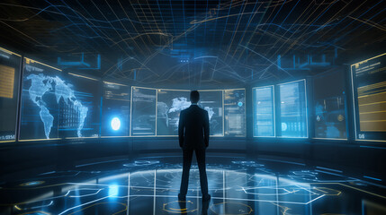Businessman standing in front of a curved digital financial data board, showing AI stock predictions, gold, forex and crypto analysis with a cutting-edge interface.