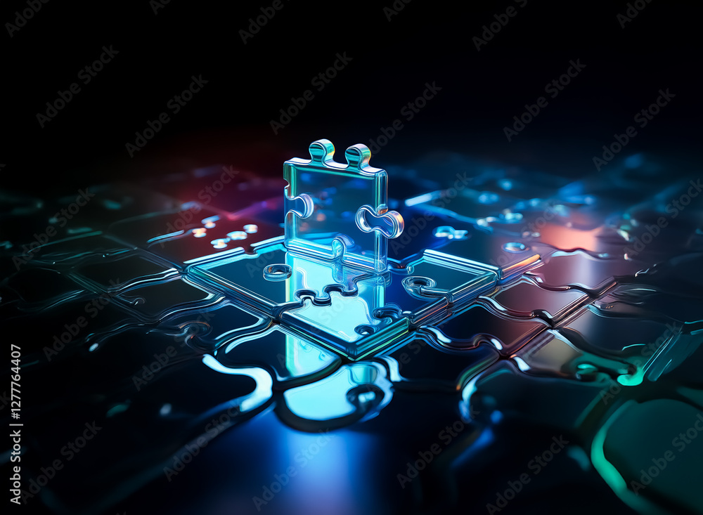 Poster illuminated puzzle piece stands out on a dark, reflective puzzle surface. a conceptual image represe