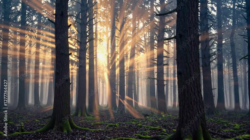 Poster Sunlight streaming through misty forest with tall trees and lush green moss, creating a serene atmosphere. Nature and tranquility concept