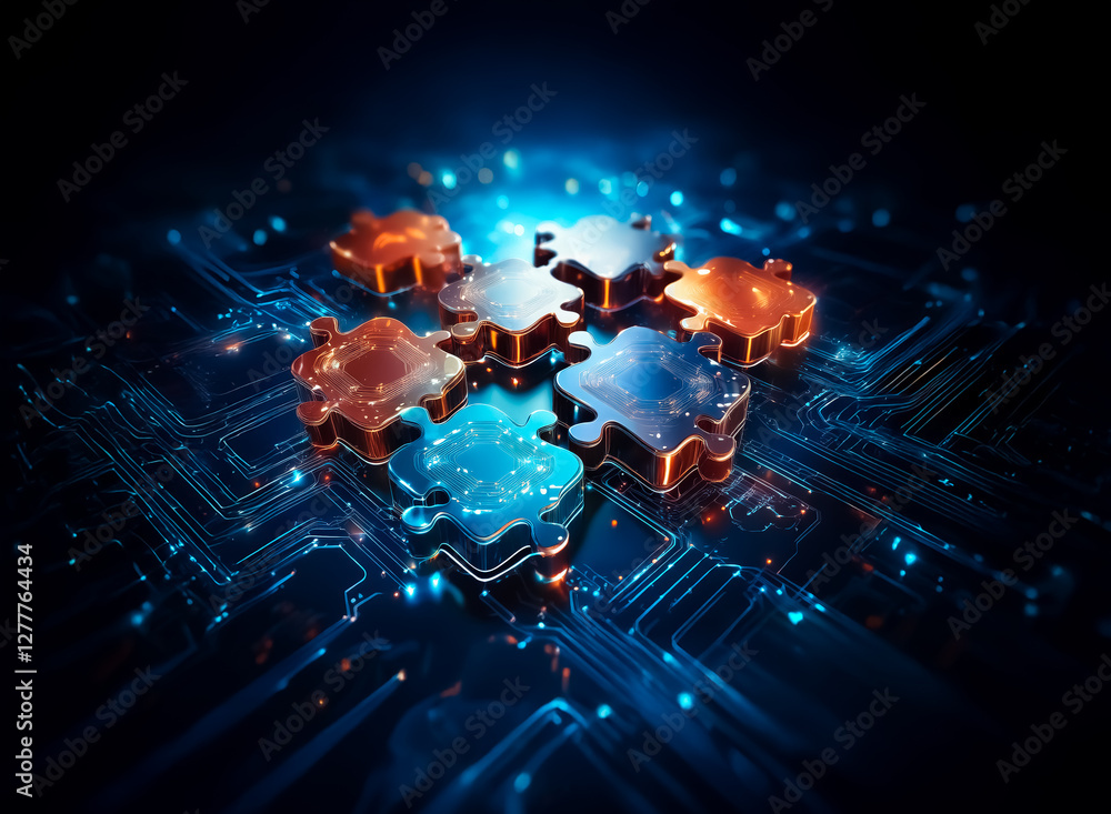 Poster glowing puzzle pieces connect on a circuit board, symbolizing digital connection, technological inno
