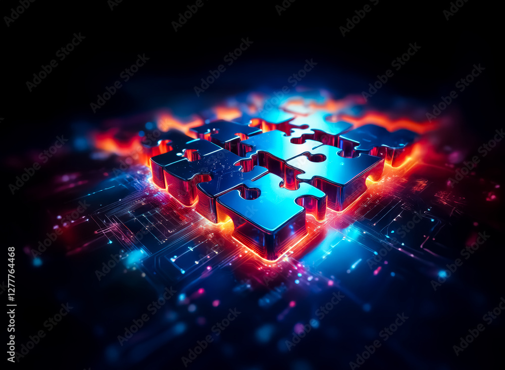 Poster glowing puzzle pieces interconnected on a circuit board. illuminated with vibrant neon colors, repre