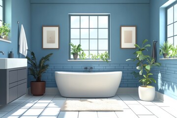 Fototapeta premium Serene Blue Bathroom Interior Design with Freestanding Tub Plants and Framed Art